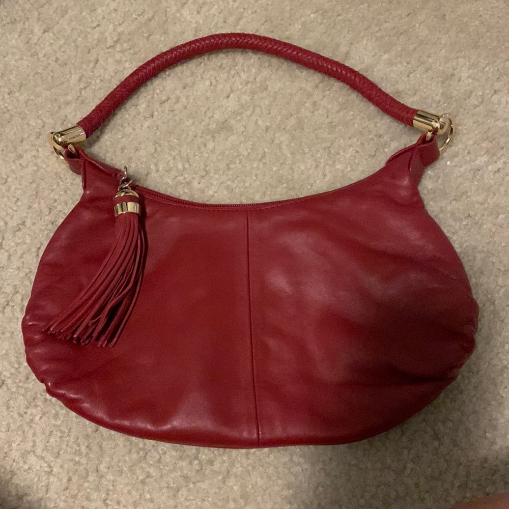 Great American leatherworks Red Leather Bag.Tassel zip with gold trim.